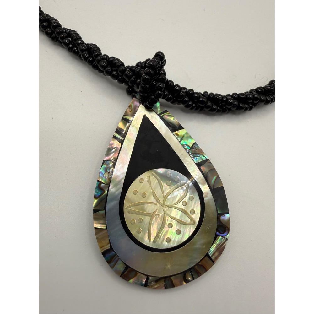 Abalone Mother of Pearl Sand Dollar Teardrop Pendant Black Seed Bead Necklace‎